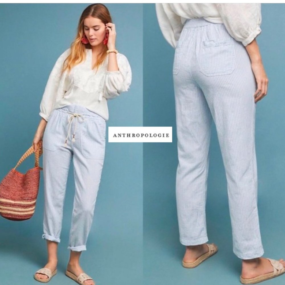 NWT Anthropologie Seashore Linen Blend Striped Jogger Drawstring Pants